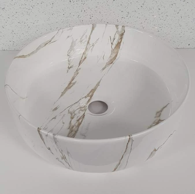 Gressingham 355mm Ceramic Round Washbowl & Waste - Marble Effect 5 Gressingham 355mm Ceramic Round Washbowl & Waste - Marble Effect - Image 3