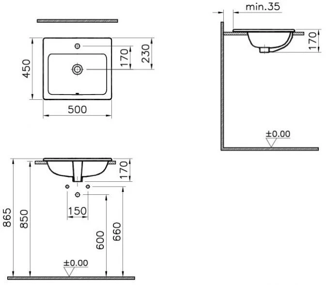 VitrA S20 Square Countertop Inset Basin 500 X 450 4 VitrA S20 Square Countertop Inset Basin 500 X 450 - Image 2
