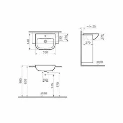VitrA S20 Semi-Recessed Basin 550mm Single Tap Hole -Burlington Bath Shop 5524WH drw