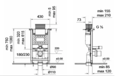 VitrA 750/1080mm Reduced Height Wall Hung Toilet Frame -Burlington Bath Shop 760580501 Vitra WC Frame Technical