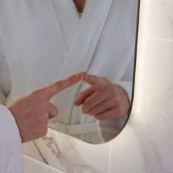 Aurora Back-lit LED Bathroom Mirror With Shaver Socket - 500 X 700mm -Burlington Bath Shop AURA CLOSEUP rd 1