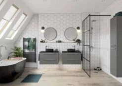 Havanna 1655mm Freestanding Black Double Ended Bath -Burlington Bath Shop Free Standing Harlesden in Morina Urban Grey Lifestyle