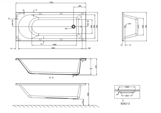 ClearGreen Reuse 1700 X 700mm Reinforced Single Ended Bath 7 ClearGreen Reuse 1700 X 700mm Reinforced Single Ended Bath - Image 5