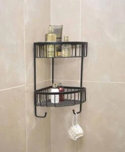 Roman Matt Black Double Corner Shower Basket With Hooks - RSB05B 7 Roman Matt Black Double Corner Shower Basket With Hooks - RSB05B -Burlington Bath Shop RSB05B lifestyle