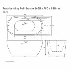 The White Space Senna Freestanding Bath 1655 X 750mm -Burlington Bath Shop Senna 1655 x 750 tech