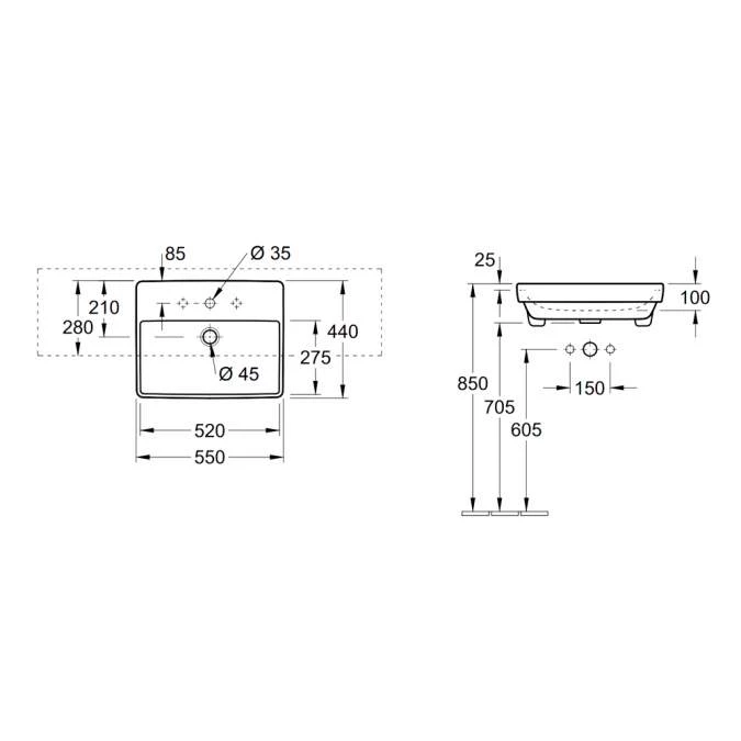 Villeroy & Boch Avento Semi-Recessed Washbasin, 550mm, White Alpin, With Overflow 5 Villeroy & Boch Avento Semi-Recessed Washbasin, 550mm, White Alpin, With Overflow - Image 3