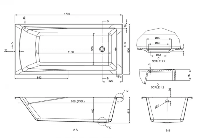 ClearGreen Sustain 1700 X 800mm Reinforced Single Ended Bath 6 ClearGreen Sustain 1700 X 800mm Reinforced Single Ended Bath - Image 4