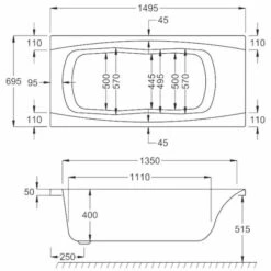 Carron Imperial 1500 X 700 Single Ended Bath With Grips - 5mm -Burlington Bath Shop imperial 1500x700 technical