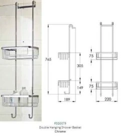 Roman RSB01 Chrome Double Hanging Shower Basket With Hooks -Burlington Bath Shop rsb01 tech rd