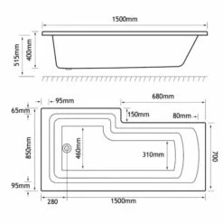 Beaufort Shannon 1500 X 850 Beauforte Reinforced Shower Bath - Right Hand -Burlington Bath Shop shannon L 1500x850 RH tech 1