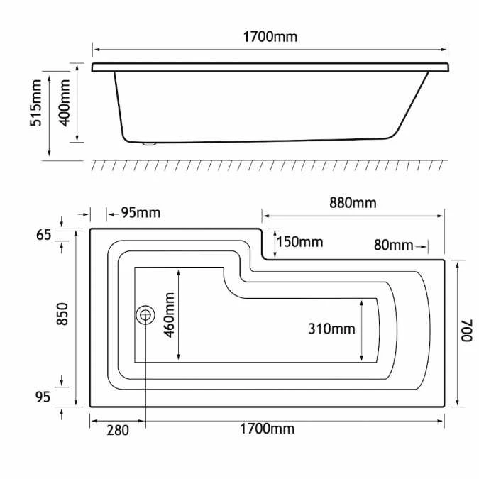 Beaufort Shannon 1700 X 850 L Shaped Shower Bath - Right Hand 5 Beaufort Shannon 1700 X 850 L Shaped Shower Bath - Right Hand - Image 3