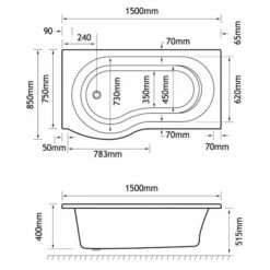 Beaufort Shannon 1500 X 850 P Shaped Shower Bath - Right Hand -Burlington Bath Shop shannon p 1500x850 RH tech
