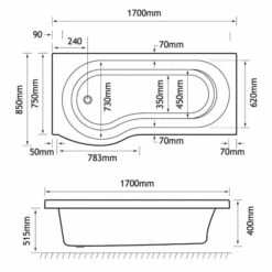 Beaufort Shannon 1700 X 850 P Shaped Shower Bath - Right Hand -Burlington Bath Shop shannon p 1700x850 RH tech