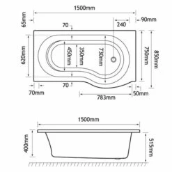 Beaufort Shannon 1500 X 850 P Shaped Shower Bath - Left Hand -Burlington Bath Shop shannon p LH 1500x850 tech